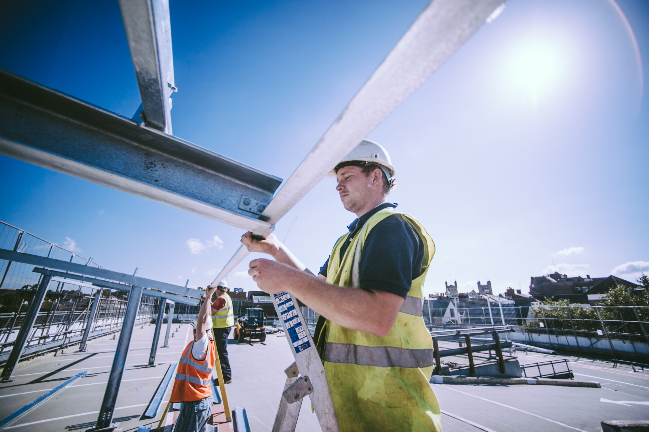 The first solar car port frames go in place for a 150 kW system at Mary Arches Car Park in Exeter